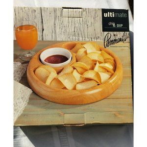 Wooden 12” Chip Veggie Snack Dish W/ Porcelain Dip Bowl